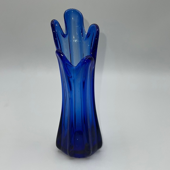 Vintage MCM 5 Finger Cobalt Blue Glass Swung Vase - Picture 1 of 12